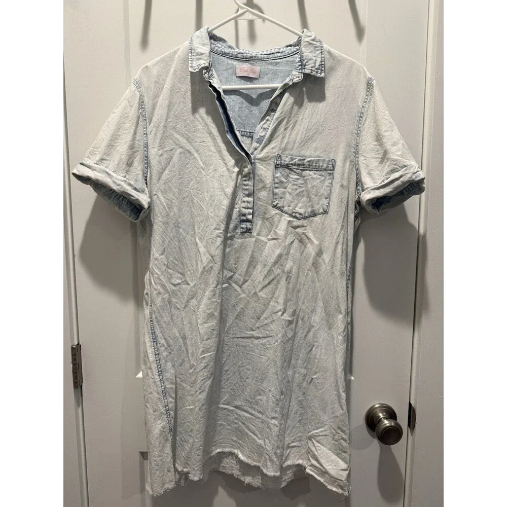 Women’s Pink Lily Mineral Wash Shirt Dress Mini Large Button Casual Short sleeve